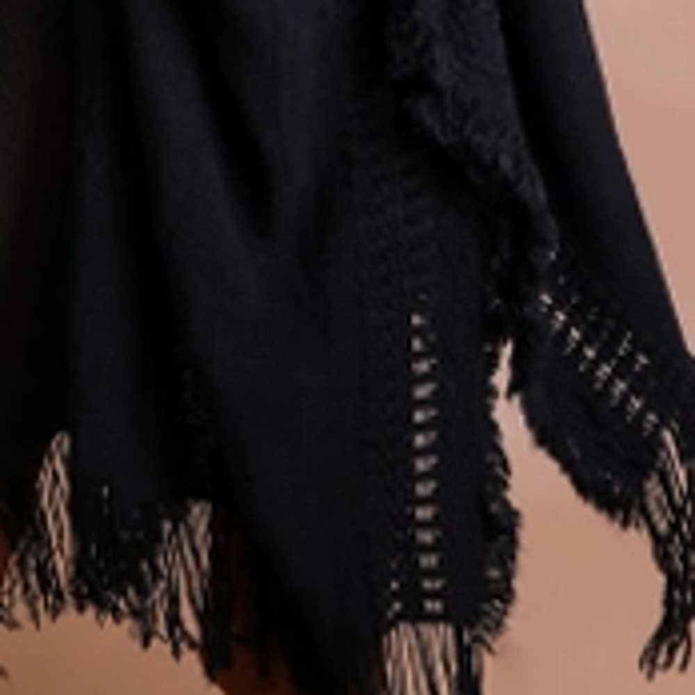 Black Open Work Frayed Border Bohemian Ruana Wrap Shawl - Picture 3 of 3
